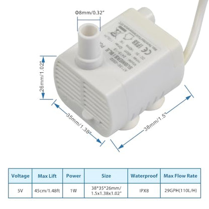 CONQUERALL DC 5V 29GPH 1W 1.5ft USB Mini Brushless Pump with 3.3ft Tubing for Solar Water Fountain Pump (White) - color: Usb 5v 1w 110l/H 45cm Head (White)