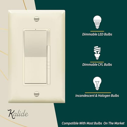 TOPGREENER Kalide Dimmer Light Switch, LED Dimmer Switch, Full Range Dimming, Single Pole/3-Way, 120VAC, 60Hz, 300W LED/CFL, Neutral Wire Not Required, Wall Plate Included, Light Almond - color: light almond