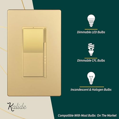 TOPGREENER Kalide Dimmer Light Switch, LED Dimmer Switch, Full Range Dimming, Single Pole/3-Way, 120VAC, 60Hz, 300W LED/CFL, Neutral Wire Not Required, Gold, 1 Pack,Wall Plate Included - color: Gold, size: Single Pole & 3 Way