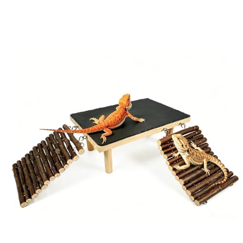 Bearded Dragon Basking Platform with Climbing Ramp,Reptile Basking Rock Slate Stone,Wood Lizard Resting Platform Hide Cave Tank Accessories for Gecko Tortoise Snake Frog(XL) - size: XL: 13.78"x 7.87"x 4.56"