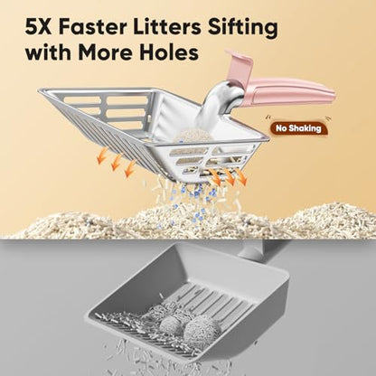 Metal Cat Litter Scoop, Large Cat Scooper with Deep Shovel & Dual Sifting Holes for Fast & Precise Sifting, Space Aluminum Kitty Litter Scooper with Long Handle & Easy-to-Hang Hook - Pink - color: Pink