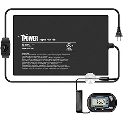 iPower 8 by 12-Inch Reptile Heat Mat with Temperature Adjustable Controller Knob, LCD Digital Aquarium Thermometer for Reptiles and Amphibians,Black