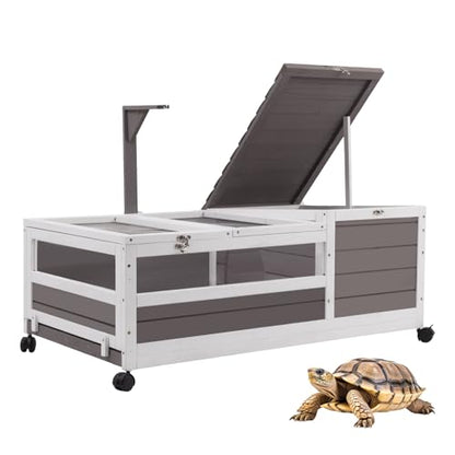 Ketive Tortoise Habitat, Large Wooden Tortoise Enclosure Habitat with No-Leaking Tray Indoor & Outdoor, Reptile Cage for Small Animals TOR02-Grey
