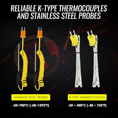 Digital K Type Thermometer with 4 Thermocouples, Dual Channels Thermocouple Tester with MAX/MIN/AVG Temperature Measurement (-501300C)