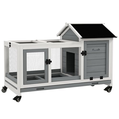 PawHut Wooden Rabbit Hutch with Wheels, Indoor Outdoor Large Bunny Hutch with Run & Slide-Out Tray for Small Animals, Rabbits, Chickens, Ducks, Guinea Pig, Gray - color: Gray