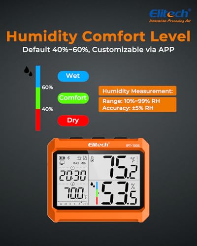 Elitech Digital Bluetooth Hygrometer Thermometer, Refrigerator Thermometer with Free APP, Real-Time Temperature Humidity Monitor with 4.5" Screen, PDF&CSV Data Export, IPT-100S with External Probe