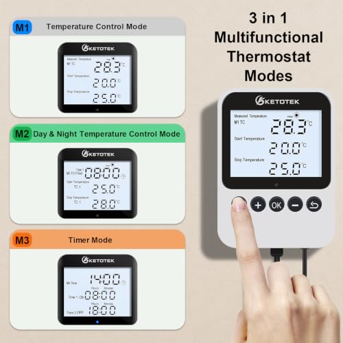 KETOTEK 3-in-1 Plug-in Thermostat Outlet, Digital Day/Night Temperature Controller with Timer & Probe for Reptile Terrarium, Greenhouse & Brewing — Heating & Cooling Mode, 120V, °F/°C Switchable