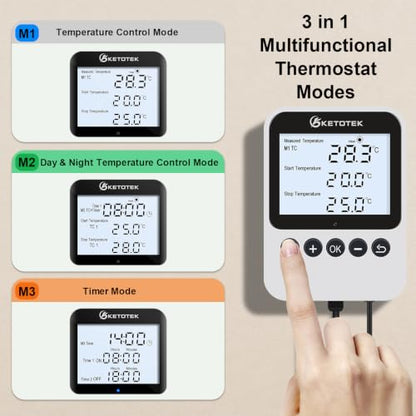 KETOTEK 3-in-1 Plug-in Thermostat Outlet, Digital Day/Night Temperature Controller with Timer & Probe for Reptile Terrarium, Greenhouse & Brewing — Heating & Cooling Mode, 120V, °F/°C Switchable