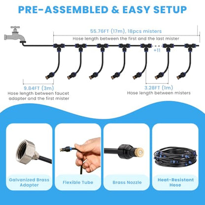 homenote Adjustable Misting System, 360° Flexible Brass Nozzles, 65FT Pre-Assembled Mister Hose for Patio Cooling, Garden Irrigation, Greenhouse Watering, Pet Chicken Coop Cooling - size: 65FT / 20M