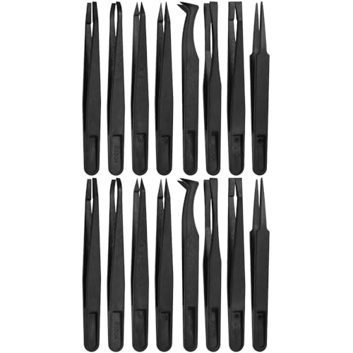 MMOBIEL 16-Piece Anti-Static Plastic Precision Tweezers Set, Tweezers with Pointed Flat Tip/Curved Tips, Tweezers for Electronics, Jewellery Making, Laboratory Work, Black - size: 16x