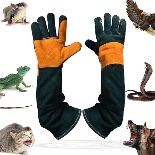 Animal Handing Gloves Bite Proof,Leather Welding Gloves,Multipurpose Puncture Proof Glove for Dog,Cat,Reptile,Snake - color: Green+orange, size: 17.7 inches