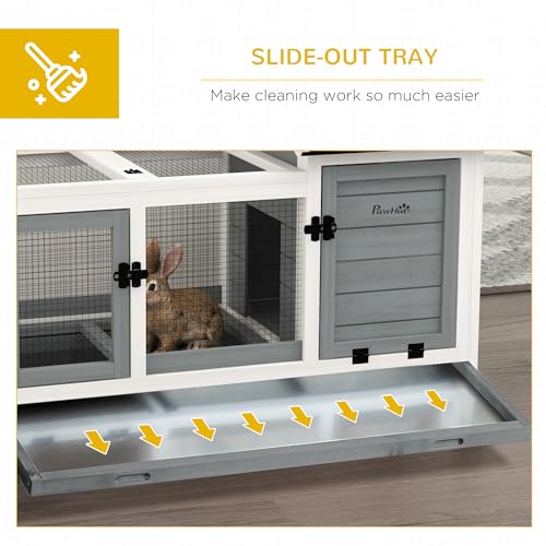 PawHut Wooden Rabbit Hutch with Wheels, Indoor Outdoor Large Bunny Hutch with Run & Slide-Out Tray for Small Animals, Rabbits, Chickens, Ducks, Guinea Pig, Gray - color: Gray