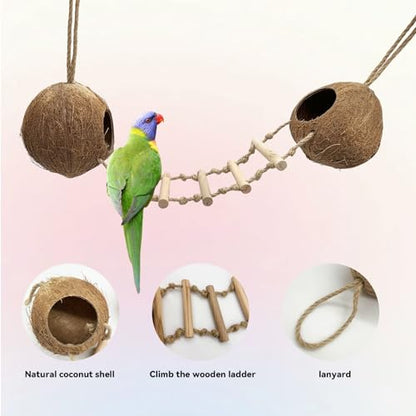 Bird Coconut Hides Nest with Ladder Parrot Cage Hanging Natural Coco Shell Hut Hide Toy with Wooden Bridge Hollow Hideaway Toys for Parakeet Lovebird Finch Canary 2PCS - size: 2PCS 22.04*13.38in