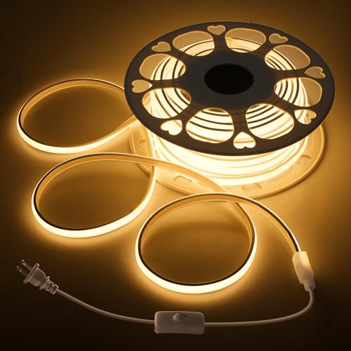 Outdoor COB LED Strip Light Waterproof 100FT/30M One Roll AC 110V LED Rope Light Warm White 3000K High Density 288Leds/M Flexible COB Strips Lighting with Switch Plug in for Bedroom Building Decor - color: Warm White, size: 30M