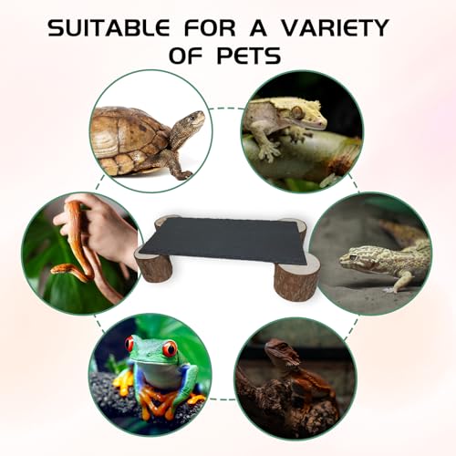 Reptiles Basking Platform with Wooden Pile, 11.8×6×2.4", Extra Large Slate Rocks for Bearded Dragon, Basking Rock for Tortoise Turtle Ball Python Snake Lizard Gecko Chameleon Hideout