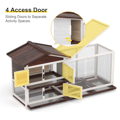 Rabbit Hutch Indoor Bunny Cage Outdoor Bunny House Wooden 60" Large Guinea Pig Cages with 3 Pull Out Trays & 4 Access Doors