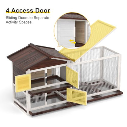 Rabbit Hutch Indoor Bunny Cage Outdoor Bunny House Wooden 60" Large Guinea Pig Cages with 3 Pull Out Trays & 4 Access Doors