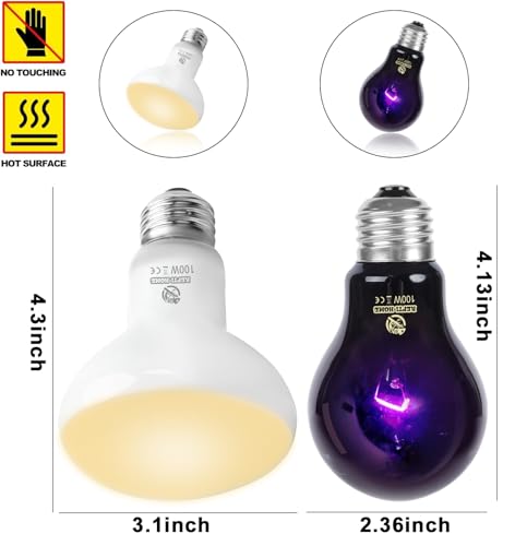 Reptile Heat Lamp 100W Combo Pack, Day and Night Basking Spot Bulb for Amphibian Includes Black Heat Lamp UVA Daylight Heating Light