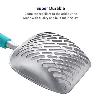 WePet Cat Litter Scoop, Aluminum Alloy Sifter, Kitty Metal Scooper, Deep Shovel with Diagonal Sifting Hole, Long Handle, Kitten Poop Lifter for Litter Box, Medium Size, Turkish Blue Handle - color: #02 Turkish Blue, size: Medium