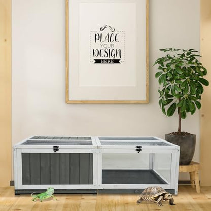 Tortoise Habitat Indoor Wooden Tortoise House, Turtle Enclosure Outdoor Reptile Cage with Removable Bottom,Openable Roof Activity Area and Removable Tray Lizard