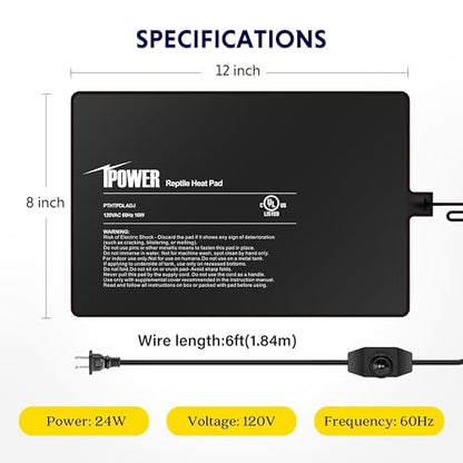 iPower 8x12 Inch Reptile Heating Pad with LCD Digital Aquarium Thermometer, Reptile Heat Mat with Adjustable Temperature Control for Reptiles - color: Black/Heat Pad with Adjust Knob+ Thermometer, size: 8" x 12"