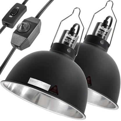 8.5 Inch Reptile Light Fixture with Dimming/Separate Switches, 2 Packs Deep Dome Lamp Cap Reflector Cover, UVB Light Heat Lamp Fixture for Reptile Glass Terrariums, Max 150W Black