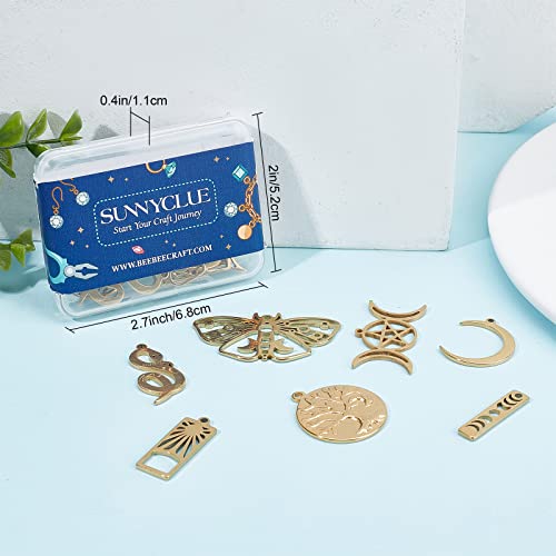 SUNNYCLUE 1 Box 16Pcs 18K Gold Plated Stainess Steel Tarot Style Tree of Life Charms Moon Phase Snake Charm Triple Goddess Moon Ouijas Crescent Hollow Butterfly Charms for Jewelry Making Charm Craft