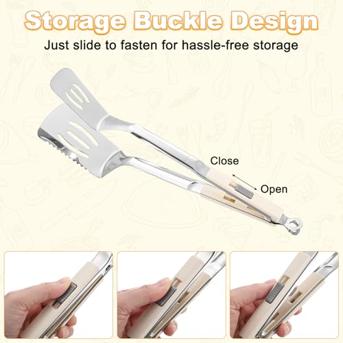 M METERXITY Spatula Tongs, 13.4 Inch 304 Stainless Steel Anti-Scald Extended Serrated Multifunctional Flipper Grill Clamp for Cooking/Barbecue, Kitchen Cooking Tong [White Handle, Silver Tone] - color: White Handle, Silver Tone