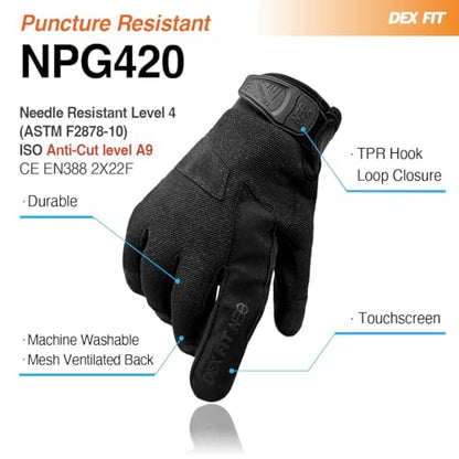 DEX FIT NPG420 Needle Resistant Gloves, ASTM F2878 Level 4 Palm & Lvl 3 Finger, ANSI Cut A9 Heavy Duty Industrial Protection, Multi-Layered Steel Mesh Puncture Proof Work Gloves, Black, XS, 1 Pair - size: X-Small