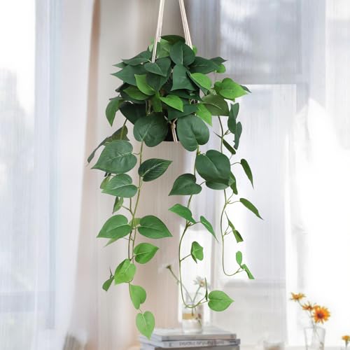 alyptus Fake Hanging Plants Artificial Decor Indoor Realistic Silk Devil's Ivy Hanging Potted Plants Faux Greenery Plant Pothos Vines with Pot for Home (Hanging Pothos - Green) - color: Hanging Pothos - Green