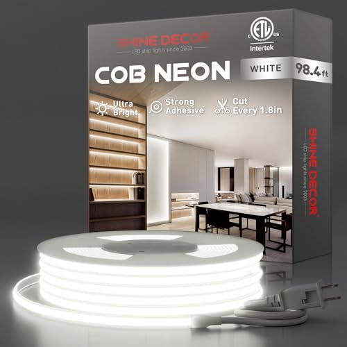 Shine Decor COB LED Rope Light AC 120V, 800lm Ultra Bright, IP65 Waterproof Cold-Resistant ETL Neon Strip, No Driver Tape Lighting for Home Commercial 10x4.5mm, 6000K Cool White, 98.4ft - color: 6000K Cool White, size: 98.4 ft
