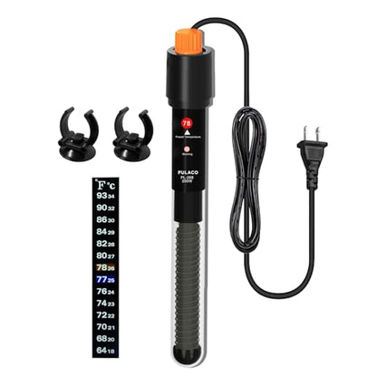 PULACO 200Watt Aquarium Heater for 25-50 Gallon Fish Tank, Adjustable Submersible Heater Thermostat with Thermometer Strip and Suction Cup