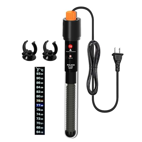PULACO 200Watt Aquarium Heater for 25-50 Gallon Fish Tank, Adjustable Submersible Heater Thermostat with Thermometer Strip and Suction Cup