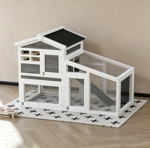 GarveeLife Rabbit Cage, Outdoor Weatherproof Bunny House Wooden, Indoor Bunny Cage with Run, Rabbit Hutch with Removable Tray, Grid Fences, Ramp 53.15" L x 23.62W 37.8" H Gray - color: Gray