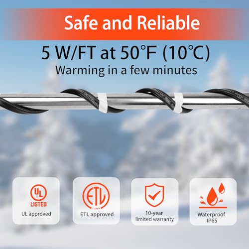 HEATIT PLSR1 High-Performance Self-Regulating Heating Cable - Frost Protection for Water Pipes and Snow Melting on Roofs - 10w/ft Power - Premium Quality for Commercial and Industrial Use 12ft - color: 12 Feet, style: 120V