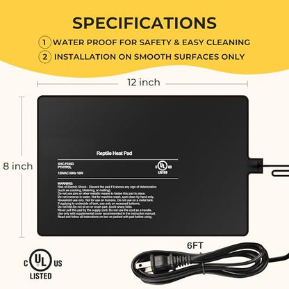 8x12 Inch Reptile Heating Pad 16W Electric Reptile Heat Pad Waterproof Under Tank Terrarium Heat Mats for Reptiles, Amphibians & Small Pets - color: Black, size: 8" x 12"(16W)