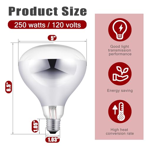 VIHOSE 2 Pack 250 Watt Heat Lamp 120v R40 Heat Lamp Bulbs Glass Incandescent Light Bulbs Incandescent Heating Lightbulbs for Reptiles Chicks Food Puppies Bathroom, Use E26 Base (Silver, Red) - color: Silver, Red