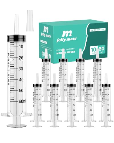 JollyMate 10 Pack 60ml Syringes for Liquid, 60cc Oral Syringes without Needle with Cap Individually Wrapped for Pet Feeding, Scientific Labs, Measuring Liquids, Oil & Glue Dispenser