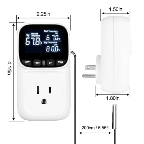 Digital Temperature Controller Thermostat Outlet Plug, 120V 15A Heating and Cooling Control with Sensor,Thermostat Timer LCD Display, Ideal for Reptiles, Greenhouses, and Brewing