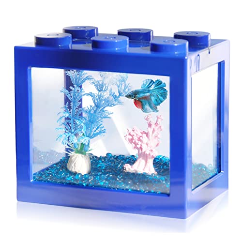 Small Betta Fish Tank, Stackable Mini Fish Tank Aquarium Tank Kit, 3/5 Gallon Rectangular Fish Bowl with Aquarium Gravel Decoration, Tiny Cube Tank for Seaweed Balls Sea Monkeys - color: Blue