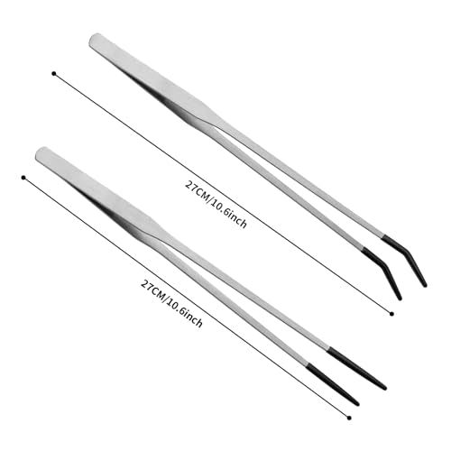 Novery 2PCS Stainless Steel Reptile Feeding Tongs with Rubber Tip, 10.6” Straight & Curved Long Tweezers for Aquarium or Craft, Bearded Dragon Tank Snakes Enclosure Accessories, Terrarium Supplies