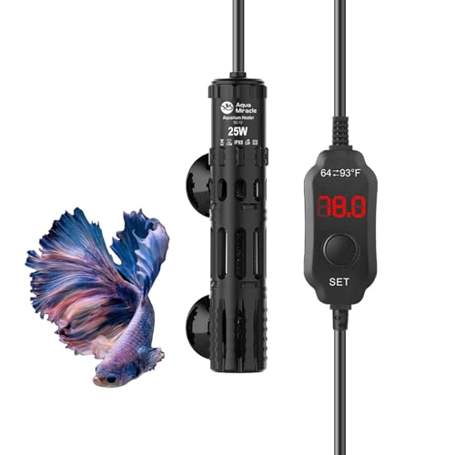 AquaMiracle Submersible Aquarium Heater, 25W Fish Tank Heaters with LED Digital Temp Display, Dry-Run Auto Power-Off & Overheat Protection, for Freshwater and Saltwater Tanks (3-5 Gal) - size: For 3-5 Gal Aquariums