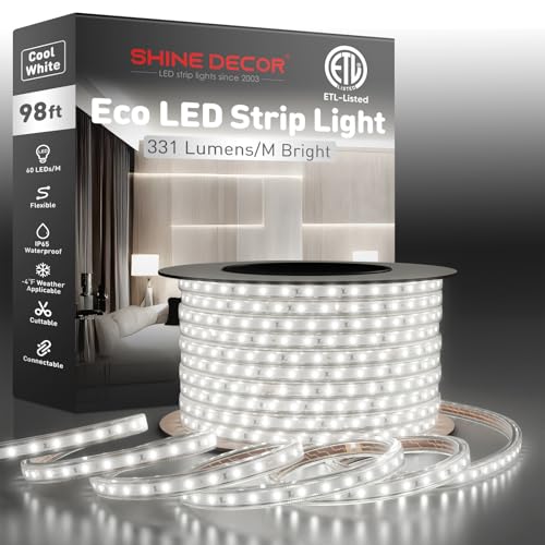 Shine Decor LED Strip Light Easy Connectable, 6000K Cool White Cold Resist Weatherproof Plug-in for Indoor Outdoor, 101 LM/FT Dimmable Bright Eco Rope Lighting 98FT, 120V Whole Set ETL Listed - color: Cool White, size: 98.4 Ft
