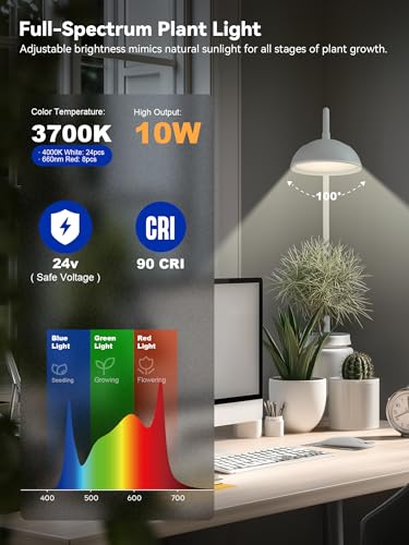 GLOWRIUM Smart Grow Lights for Indoor Plants,10W Full Spectrum Plant Lights with Bluetooth App Control, 360° Flexible Gooseneck Grow Lamp, Auto Timer 3/9/12Hrs, 10 Brightness for Small Plants (White) - color: White