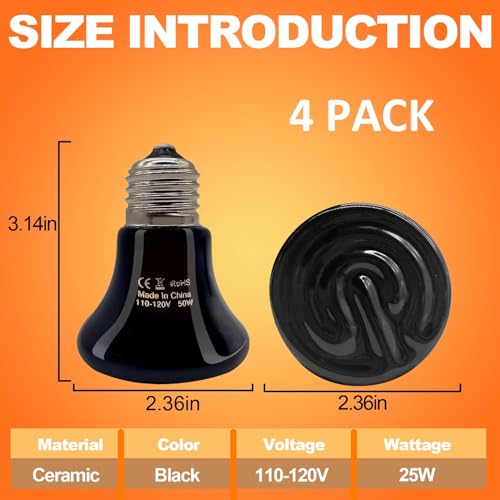 BNOSDM 25W Ceramic Heat Emitter,4 Pack Reptile Heat Lamp Bulbs,Ceramic Heat Lamp,Brooder Coop Heater for Amphibian Reptile Lizard Turtle Chicken - color: Pack of 4/Black, size: 25 Watts