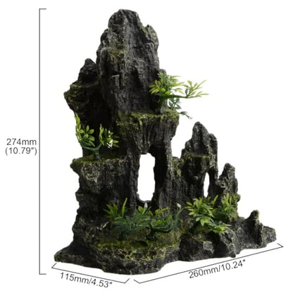 Saim Large Aquarium Mountain View Stone 11.02" Tall Resin Cave Ornament – Betta Hideout with Artificial Plants, for Cichlids Goldfish, Multi-Cave Aquascape Fish Tank Accessories