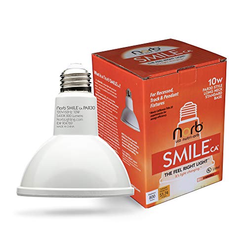 NorbSMILE PAR30 Full Spectrum Light Bulb | CA Energy Compliant Long Neck LED Bulb & 10W 800 Lumens | 5000K Daylight White, CRI 96+ & Dimmable | Supports Energy, Mood & Circadian Rhythm | US Patented - style: Smile 10W PAR30 (1 Pack)