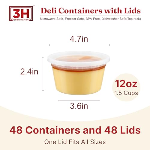 12oz Deli Containers with Lids (48 Set/96 Pcs) Small Fruit Cups with Lids, Freezer Microwave Safe, BPA-Free Stackable Airtight Leakproof Salad Dressing Condiment Dipping Sauce Cups - size: 12 oz - 48 Sets