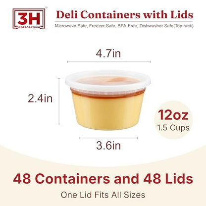 12oz Deli Containers with Lids (48 Set/96 Pcs) Small Fruit Cups with Lids, Freezer Microwave Safe, BPA-Free Stackable Airtight Leakproof Salad Dressing Condiment Dipping Sauce Cups - size: 12 oz - 48 Sets