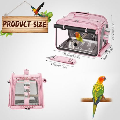 Bird Carrier Airline Approved, Bird Travel Cage with Indestructible Stainless Steel Mesh, Bird Travel Bag Lightweight and Portable with Water Bottle and Bowl - color: Pink
